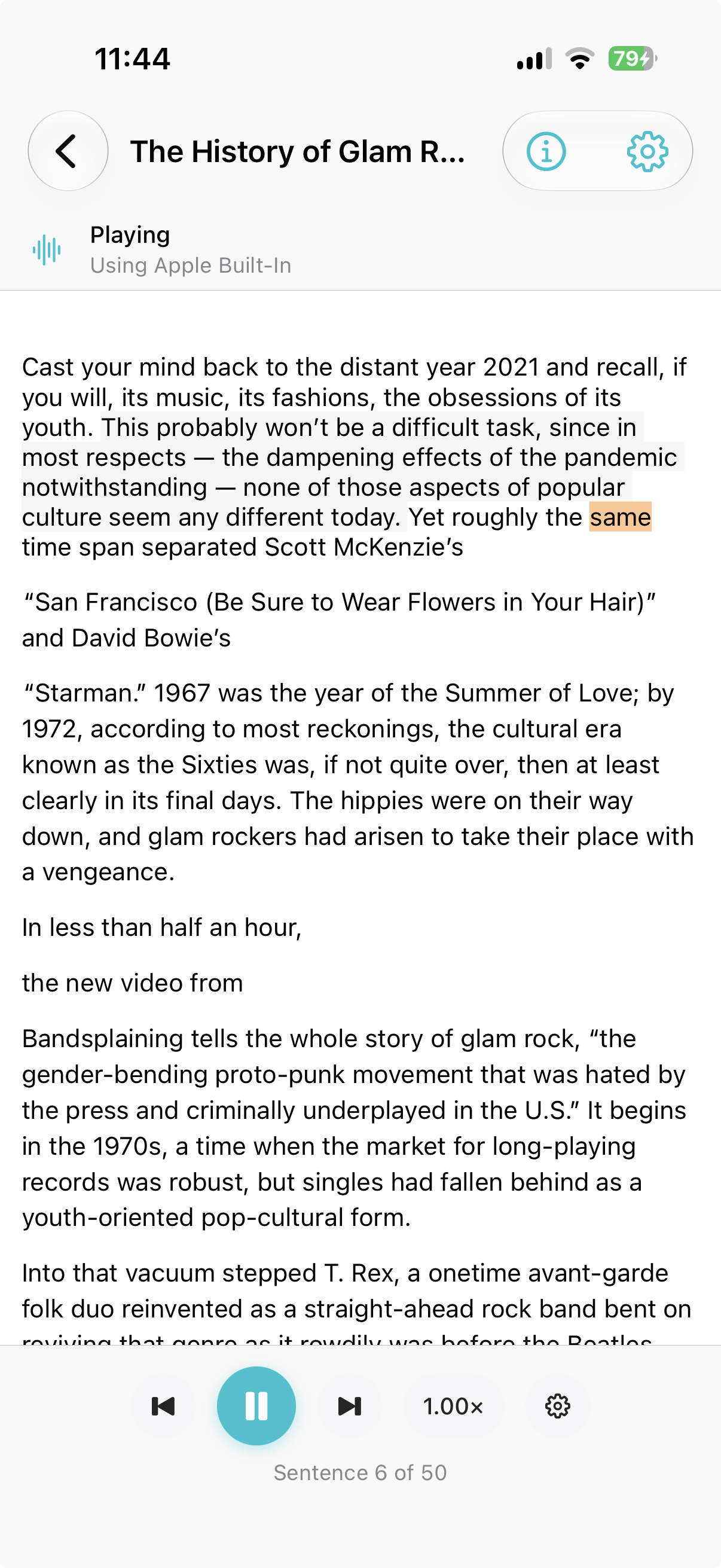 RSS article reader with sentence highlighting and playback controls on iPhone
