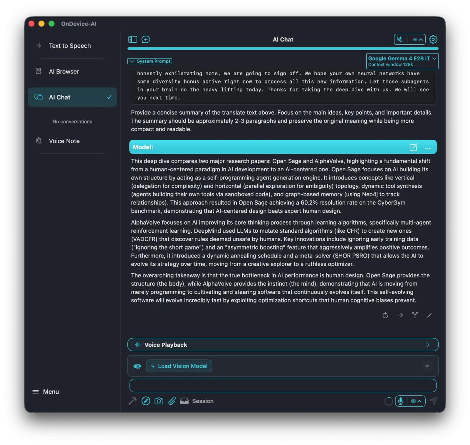 On Device AI summarizing a Voice Note transcript in AI Chat with a local model on Mac